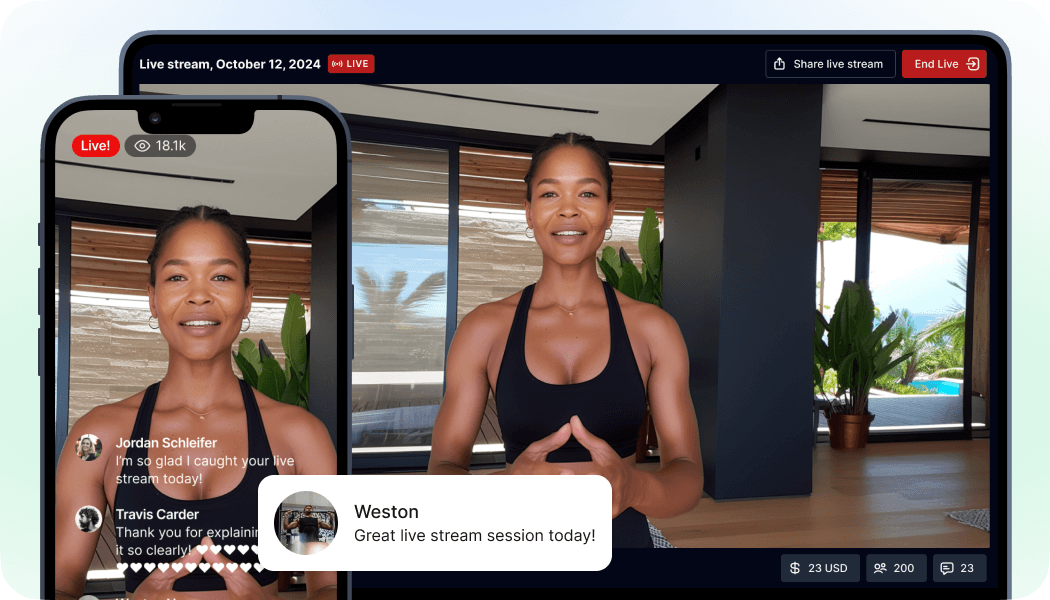 Female fitness creator talking to camera while live streaming to desktop and mobile.