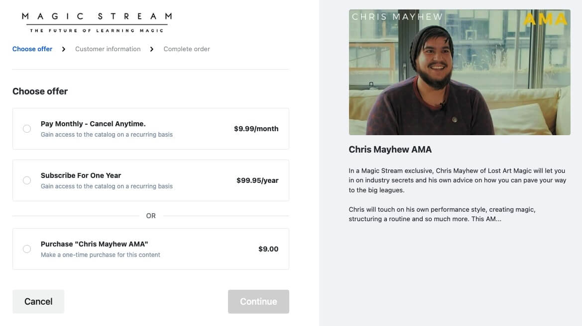 Screenshot from the course membership run by Magic Stream, with options for a one-off payment, monthly subscription or yearly payment
