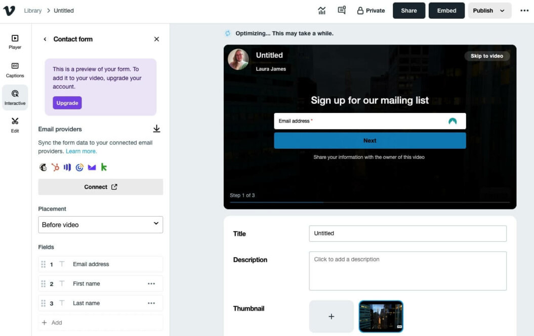 screenshot of vimeo's video contact form feature 