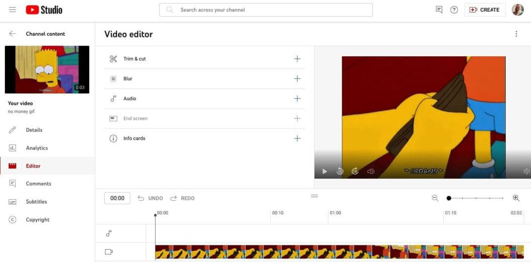 screenshot of the youtube studio video editor