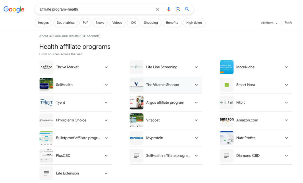 google screenshot showing various affiliate programs in the health industry