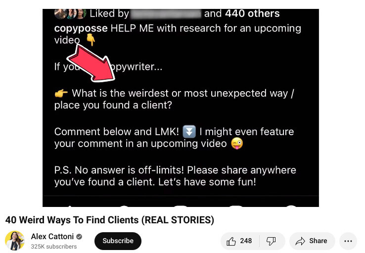 screenshot from an Alex Cattoni video where she gives an example of her asking viewers for comments