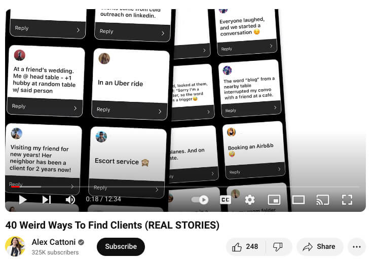 Screenshot from an Alex Cattoni video where she shows examples of responses from her viewers