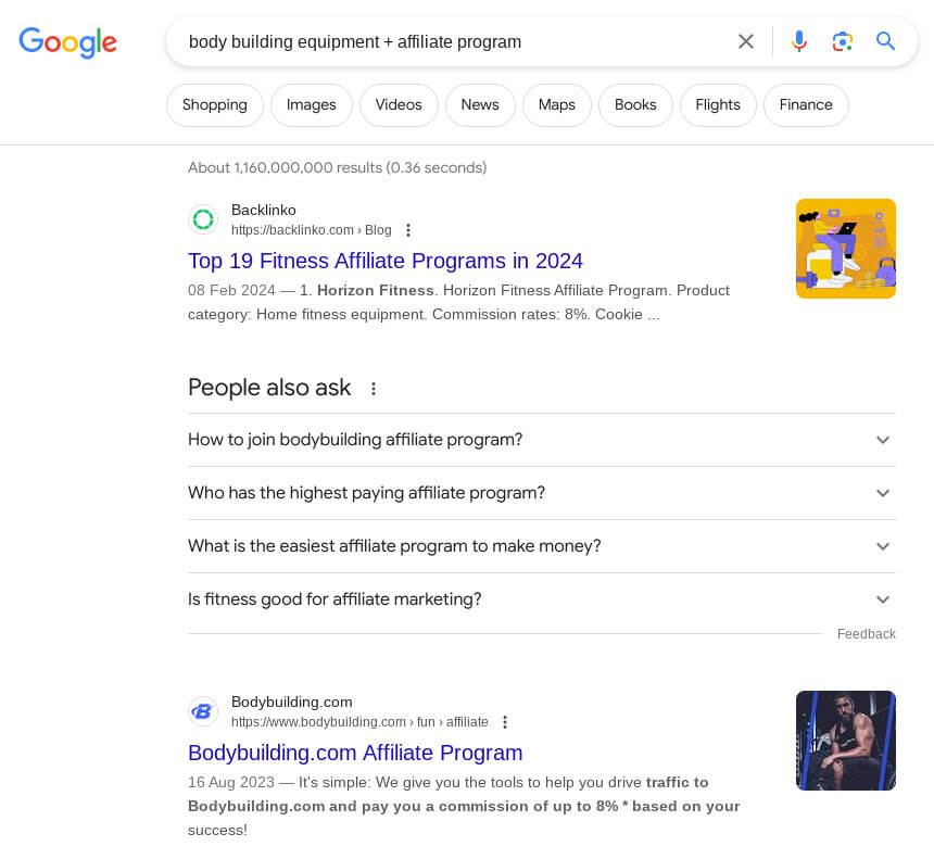 screenshot from google of body building equipment affiliate programs