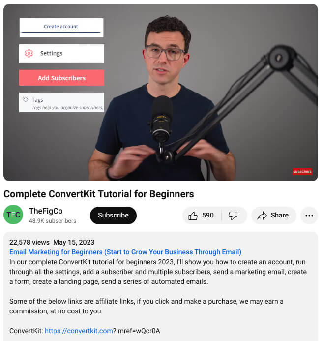 Example of a ConvertKit affiliated tutorial youtube video by TheFigCo