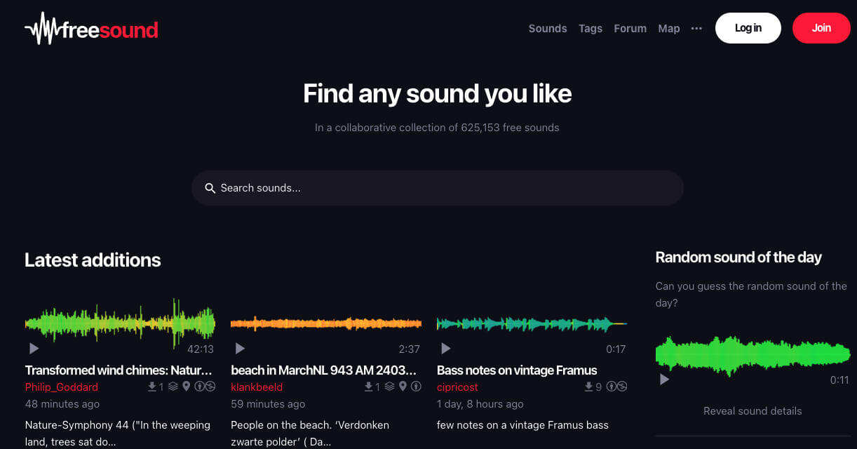 Free Sound homepage screenshot