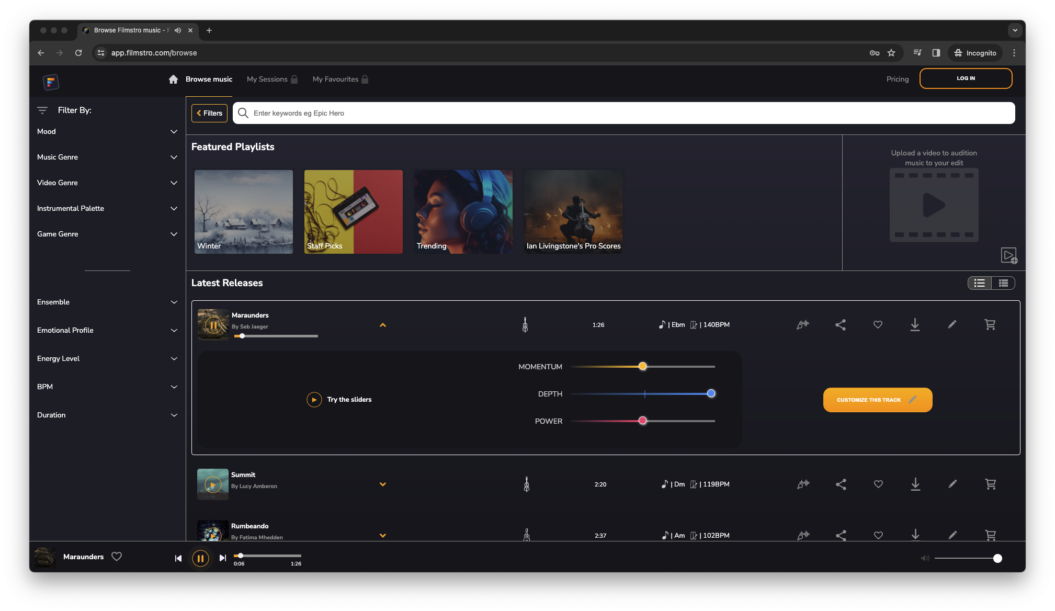 screenshot of filmstro's user interface