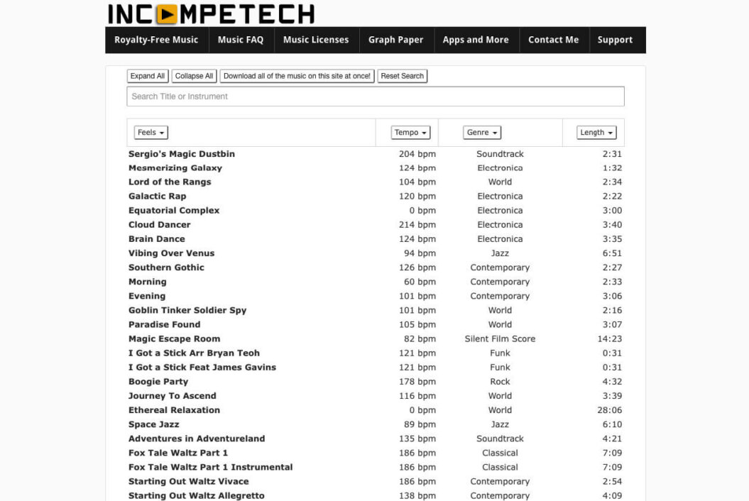 Incompetech royalty free music selection