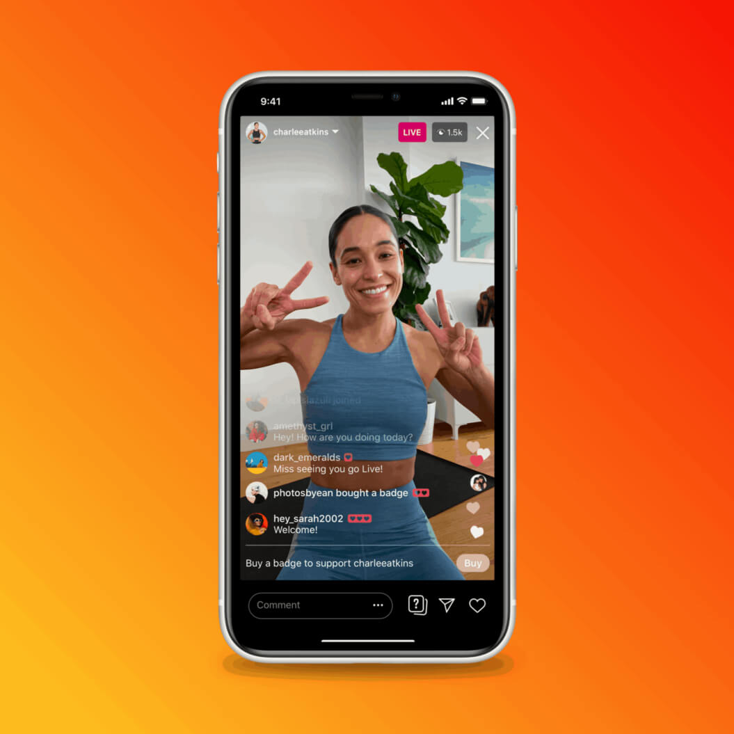 Instagram live streamer with option to buy badges to support the influencer