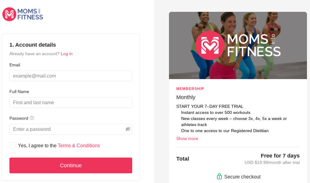 Example of a fitness membership subscription sign up page from Moms Into Fitness