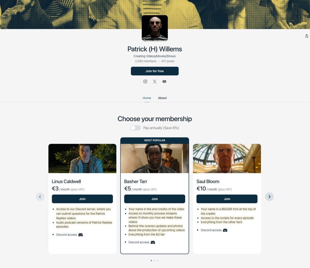 Screenshot of Patrick Willems' patreon membership tiers