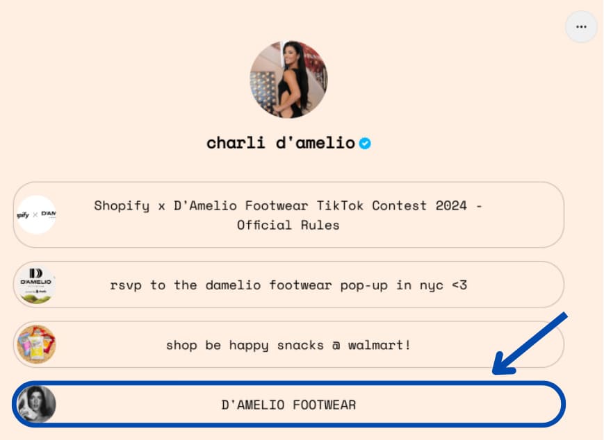 Charli D'amelio's link tree showing a link to her footwear website