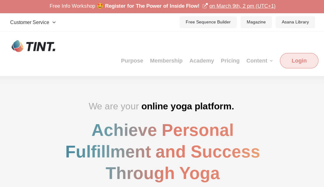 TINT yoga membership platform homepage