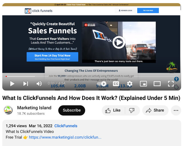 Example of a YouTube video from Marketing Island with affiliate links