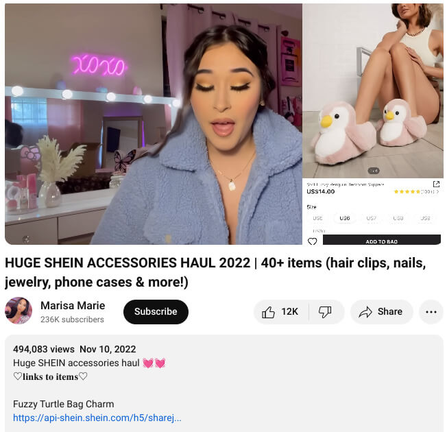 example of Shein affiliate youtube video by Marisa Marie