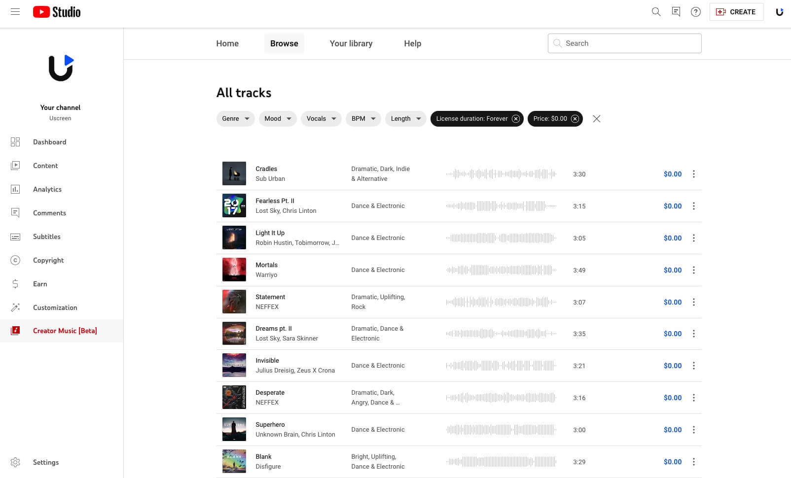 YouTube's creator music library