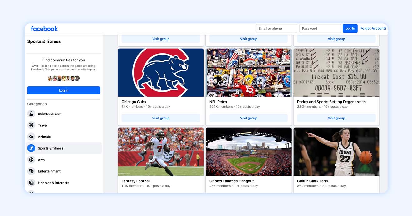A screenshot of sports-related Facebook Groups.