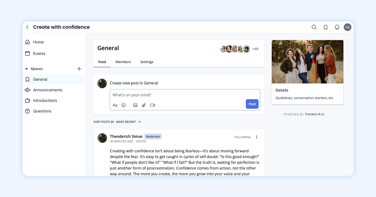 A screenshot of the Thinkific community app featuring a general forum feature.