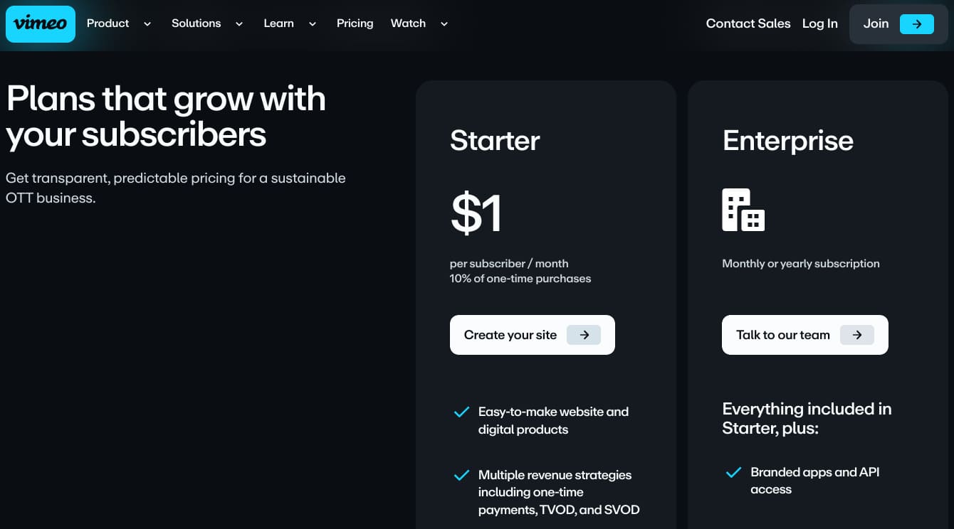 vimeo ott's pricing page with two tiers