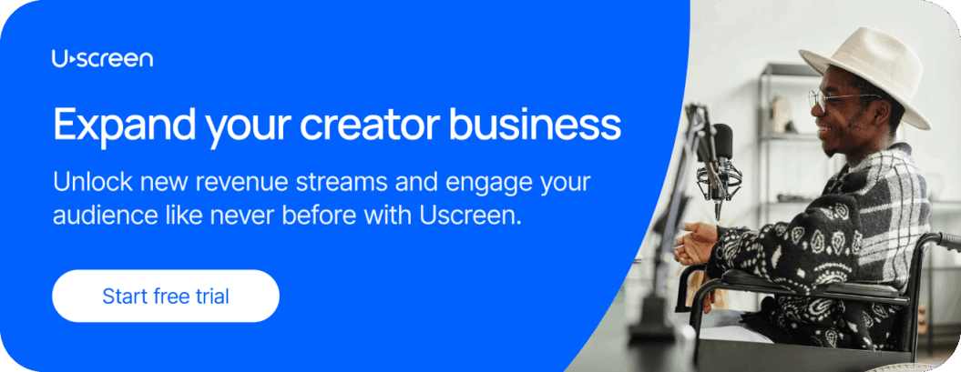 CTA button with the copy:Use Uscreen to unlock new revenue streams, engage your audience in fresh ways, and take your content to the next level.