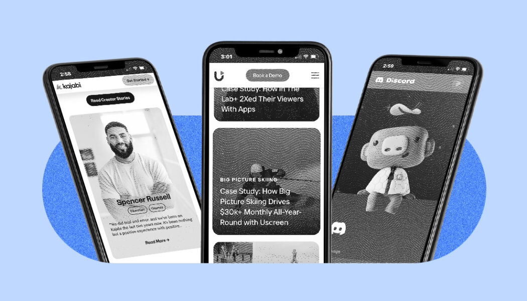 Three cell phones, each with a different Circle.so alternative app on the screen, including Uscreen Kajabi and Discord.v