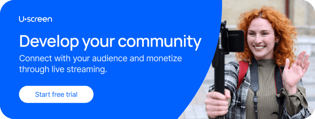 CTA button with the header “Develop your community” and subheader “connect with your audience and monetize through live streaming”