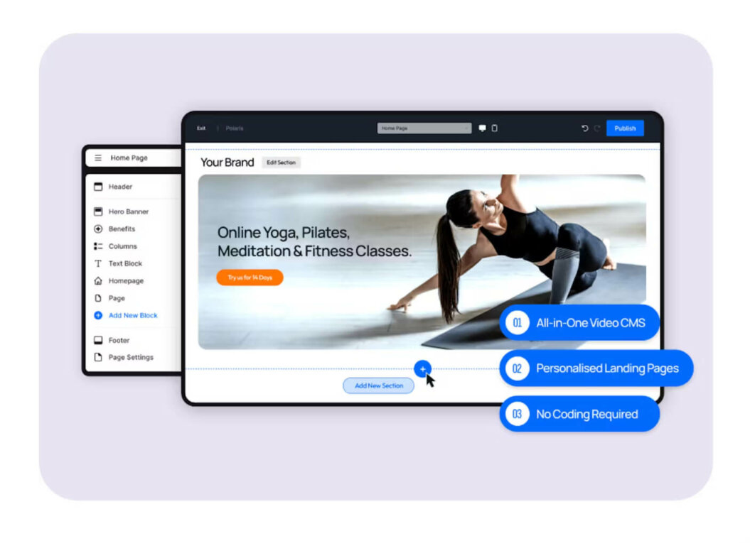 Uscreen webiste with all-in one video CMS, personalized landing pages and no coding required