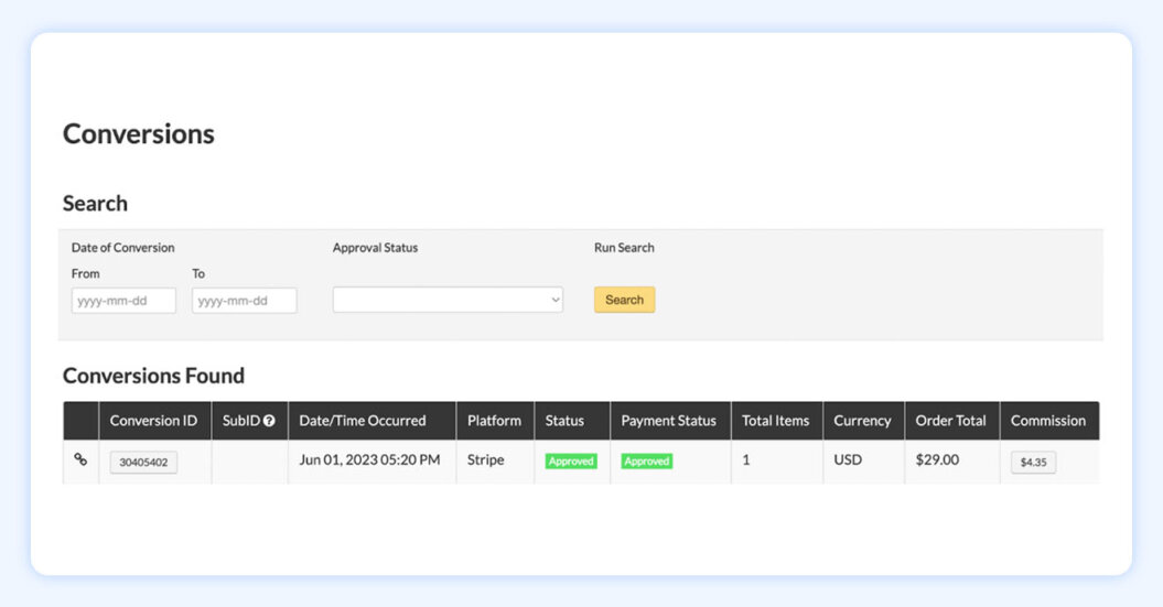 A screenshot of an affiliate program dashboard.