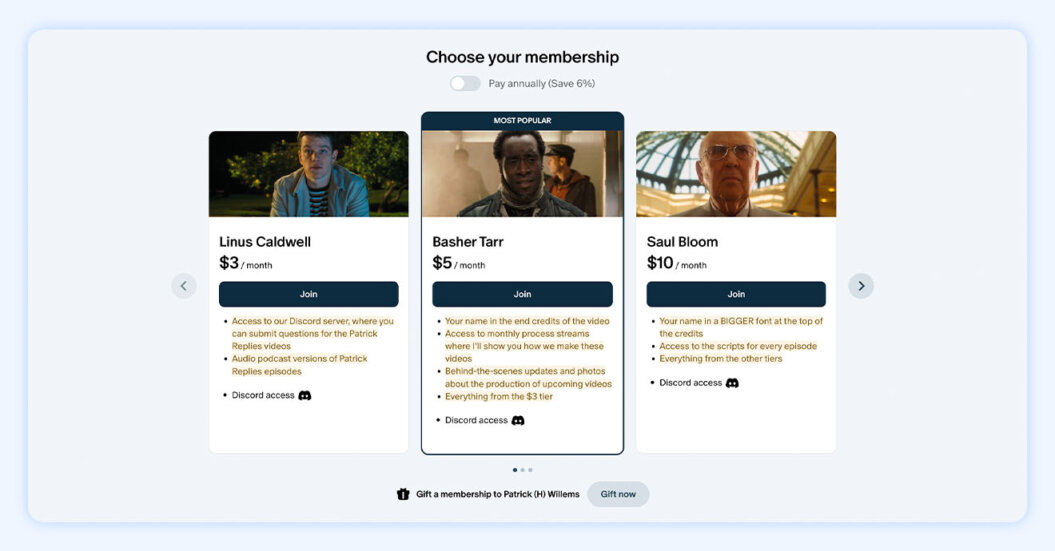 Screenshot of Patrick Willems' patreon membership tiers
