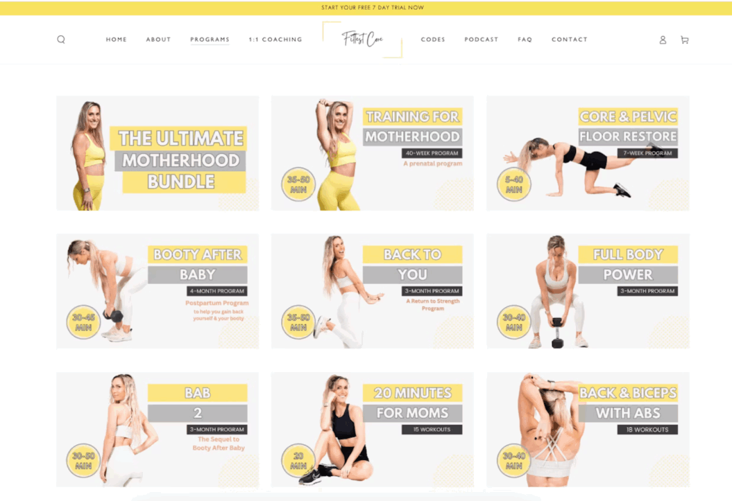 Fittest core video catalog showing a series of workouts for pre and post natal care