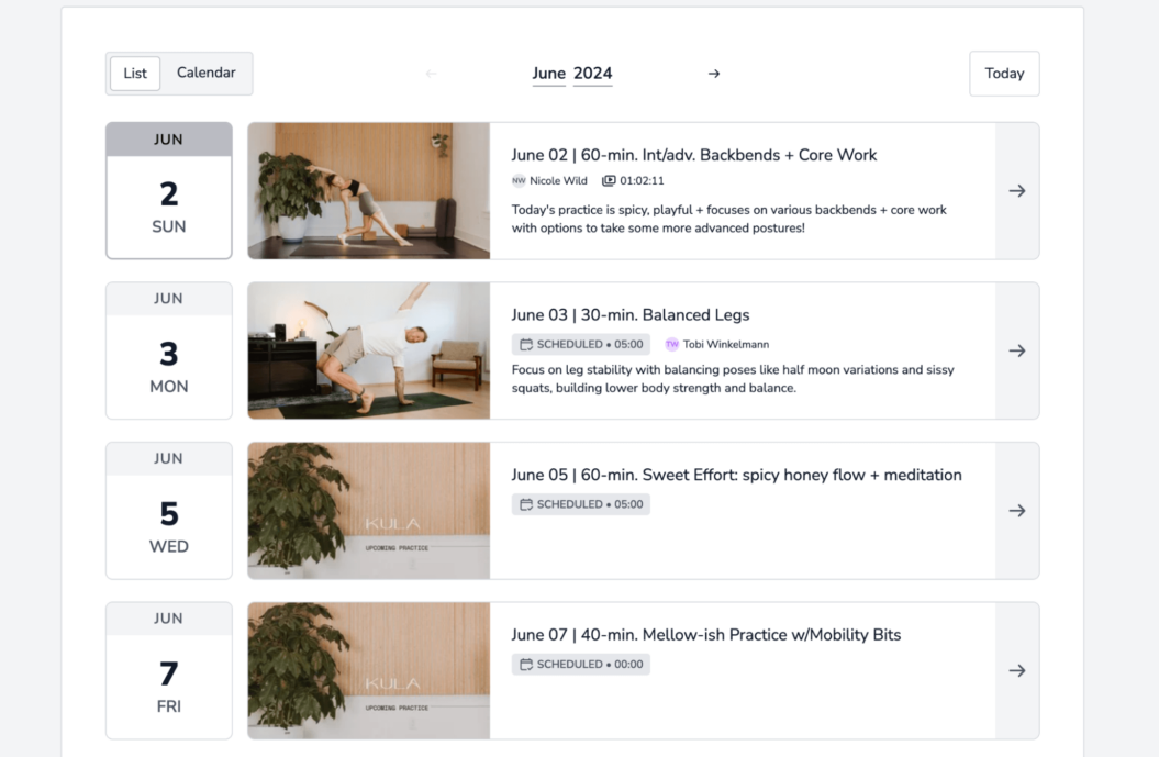 post schedule for Collective Kula from June 2024
