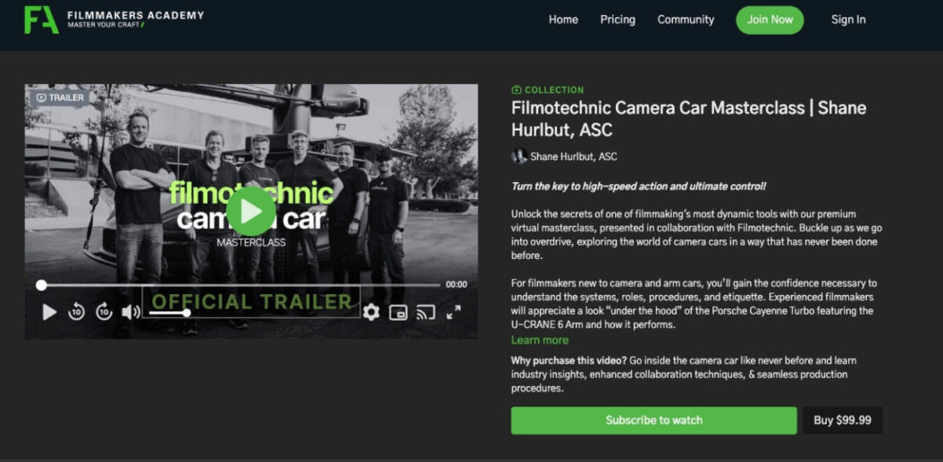 Screenshot of Filmmaker's Academy's home page.