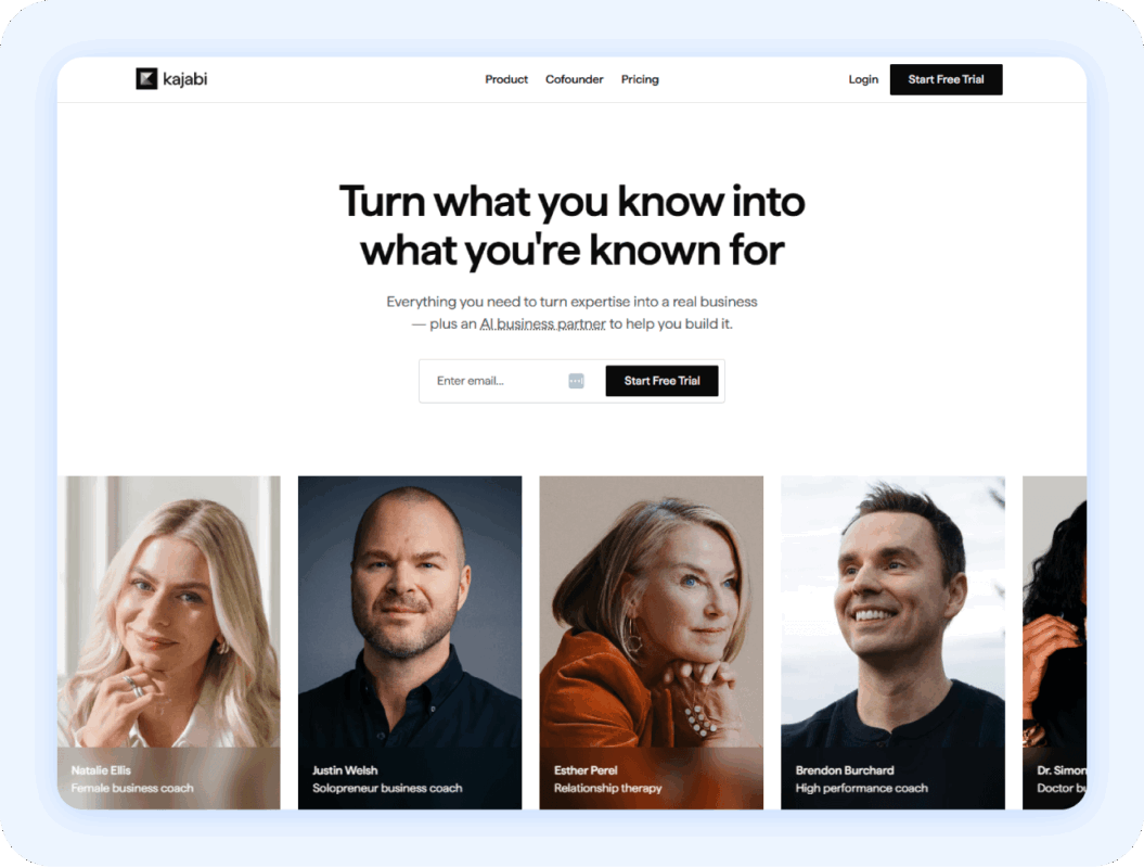 Kajabi homepage with copy “turn what you know into what you’re known for.