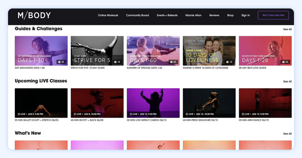 screenshot of M/BODY platform video library including upcoming live classes