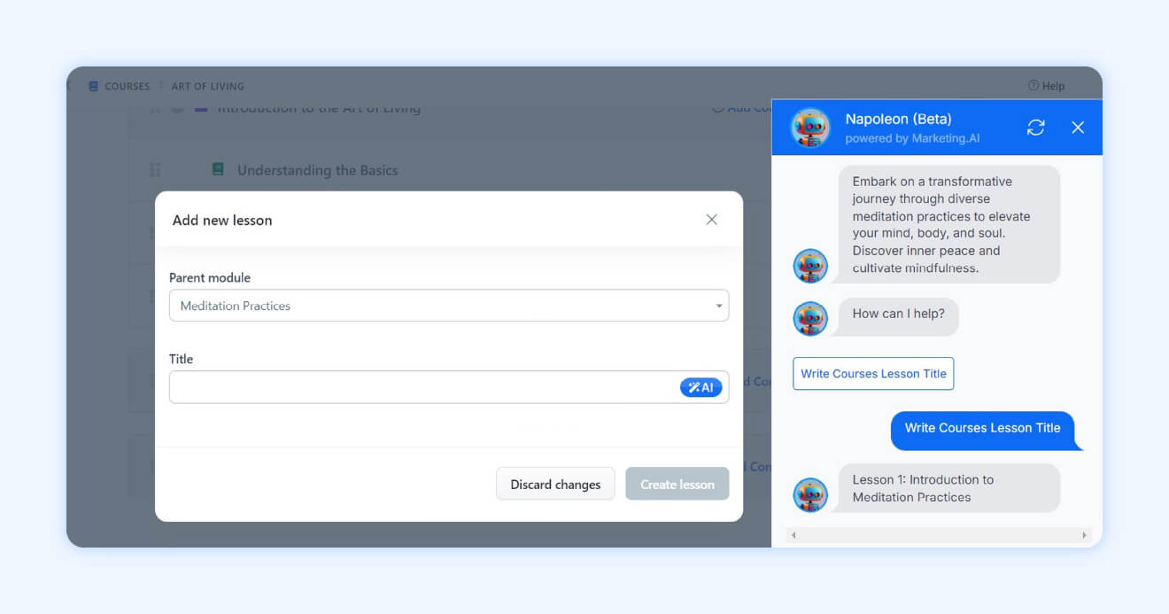 Clickfunnels feature to create a new lesson title or description using an AI chatbox.