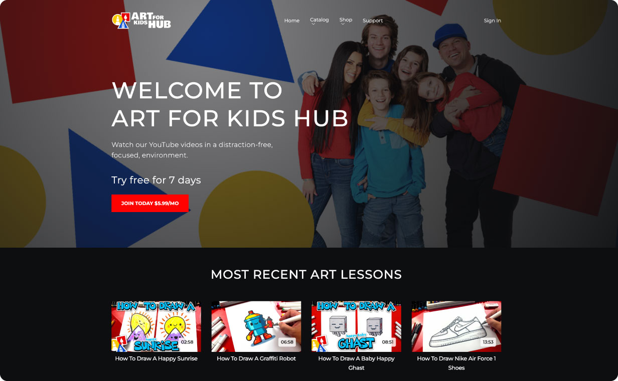 Art for Kids Hub homepage with 6 people standing together.