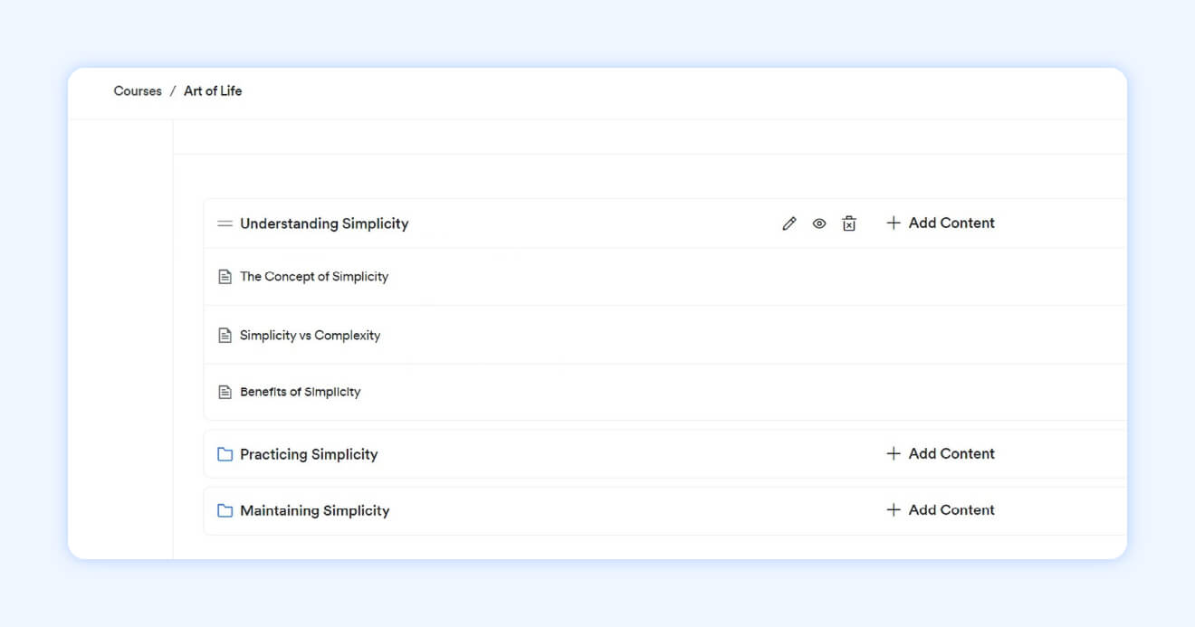 Kajabi auto categorized lessons for the topic “Understanding Simplicity” and a transparent blue background.