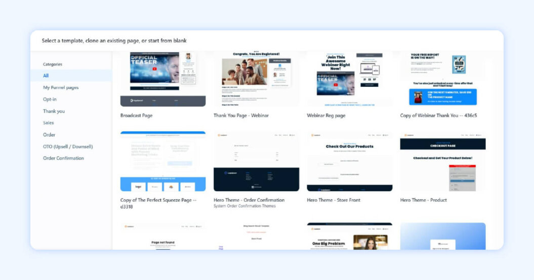 Clickfunnels page showing a list of website page templates like webinar sign-up page. Blue transparent background