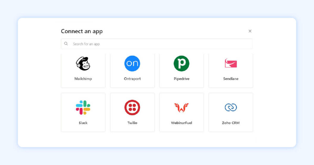 Clickfunnels integrations page showing a list of options like Slack and Mailchimp. Transparent blue background surrounding.