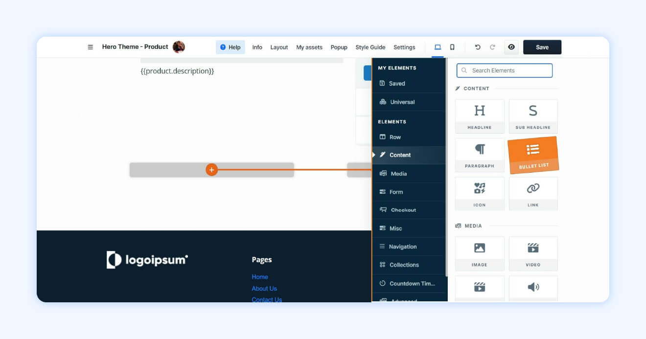 Clickfunnels drag and drop editor for elements like videos, images, and text. Transparent blue background.