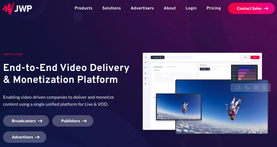 jw player homepage with copy "end-to-end video delivery and monetizatoin platform