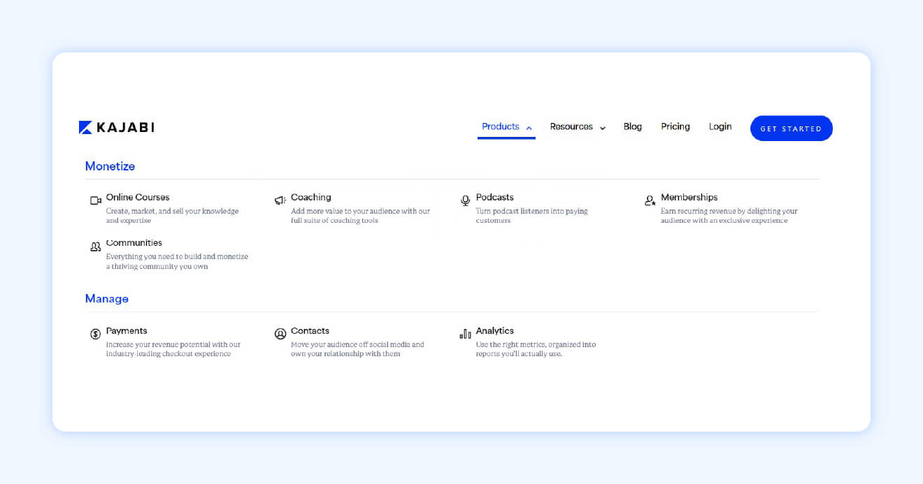 Kajabi product page showing features like the option to include podcasts. Transparent blue background