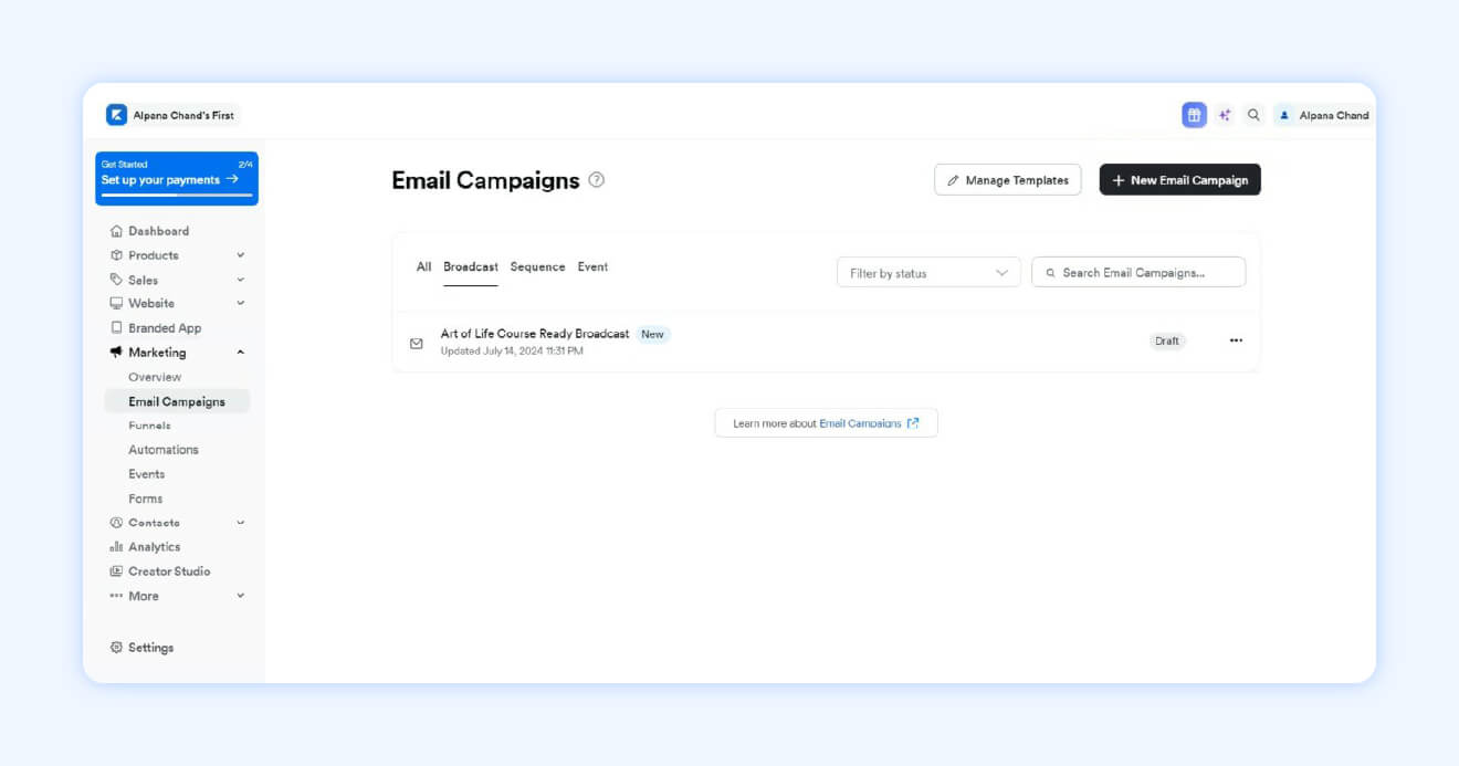 Kajabi email campaign dashboard showing a drafted email project. Transparent blue background surrounding it.