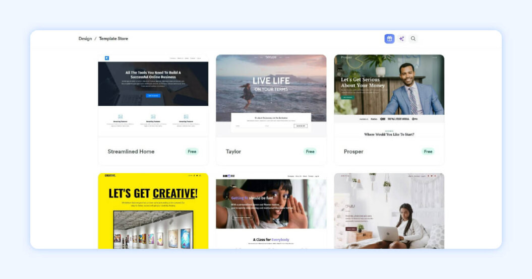 Kajabi template store showing a list of website template options with a transparent blue background.