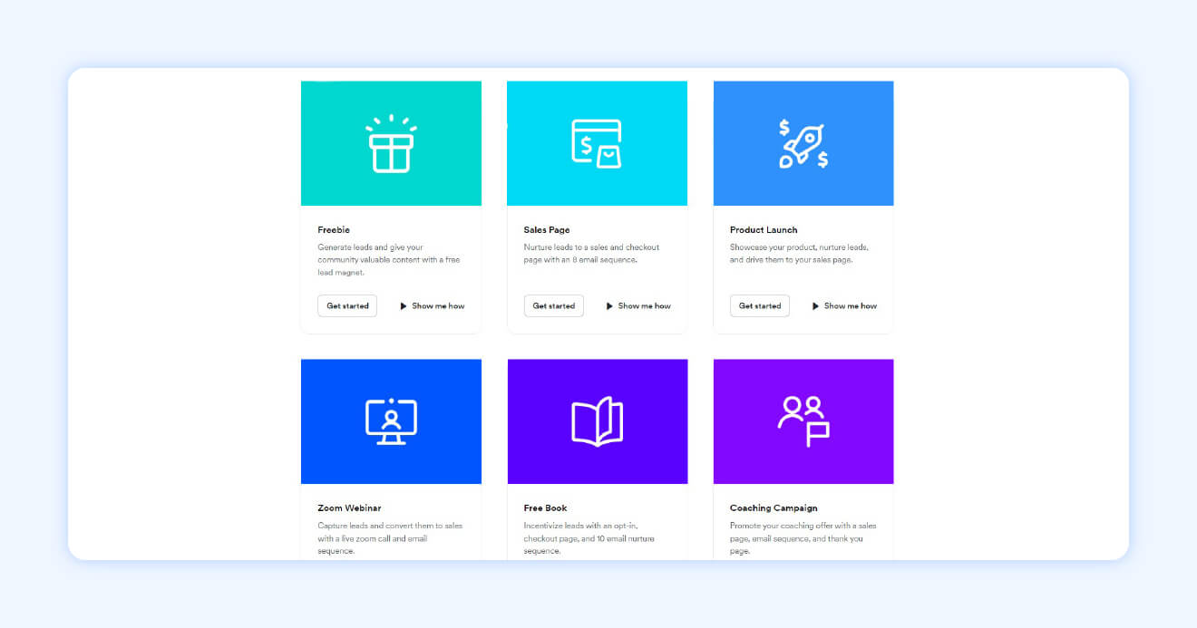 Kajabi list of funnel options including freebies, sales page, and product launch. Transparent blue background surrounding.