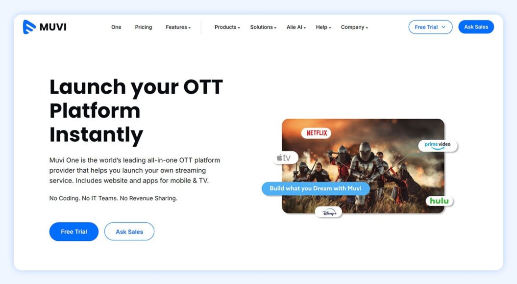 Muvi website with copy “Launch your OTT Platform Instantly”