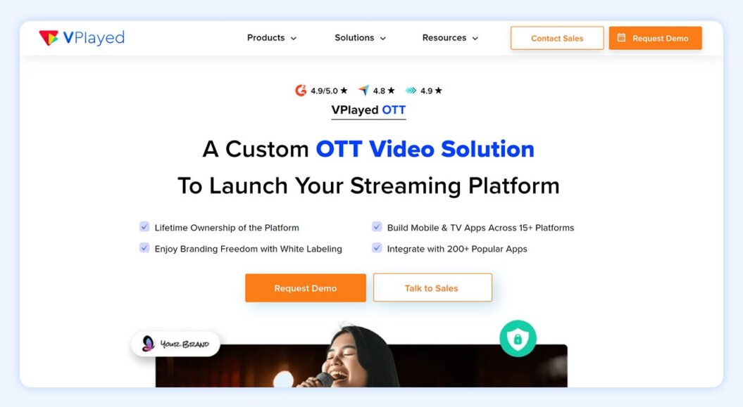 Vplayed homepage with copy: launch a complete OTT platform in just 4 days