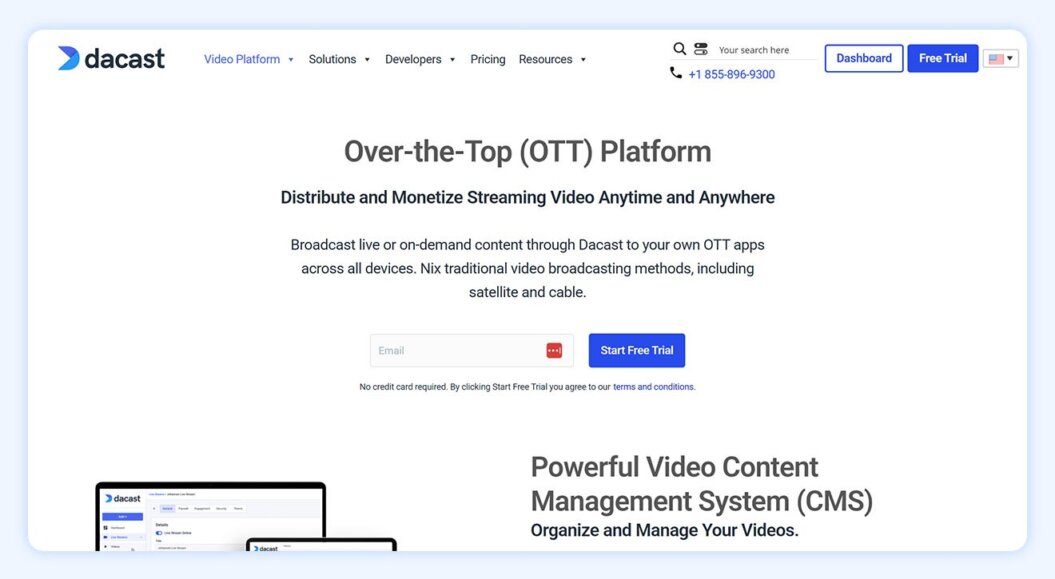 Dacast homepage with copy: Online Video Platform. Take Your Online Video Delivery to the Next Level.