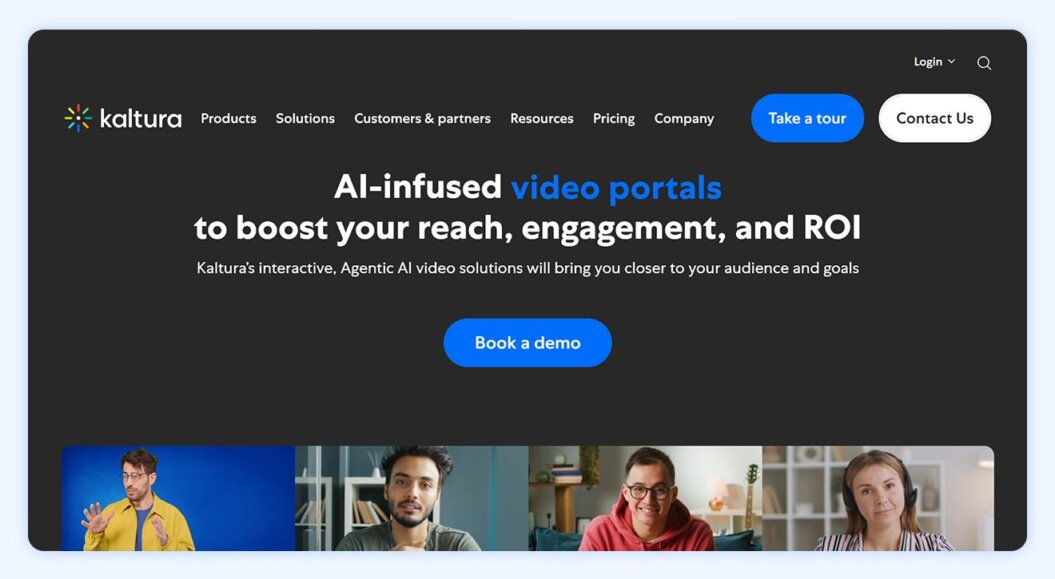 Kaltura homepage with copy: extraordinary video portals to boost your reach, engagement, and ROI.