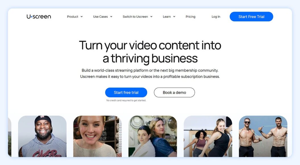 Uscreen homepage with copy: video creators build profitable memberships on Uscreen.